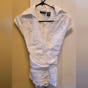 New York & Company White Wrap Shirt with Cap Sleeves Ties In Back